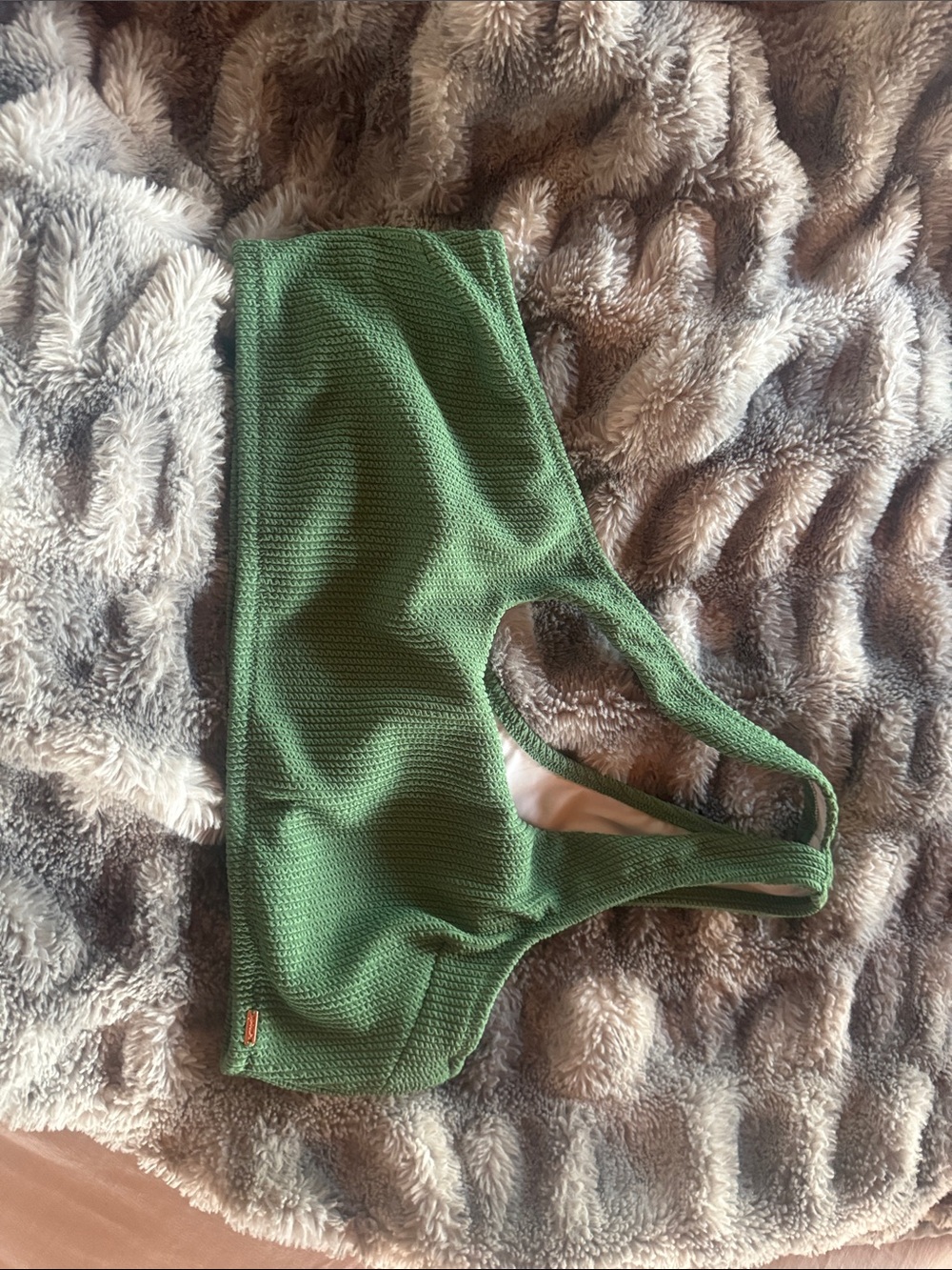 PINK Victoria's Secret Green Textured one shoulder swim top with White Lining